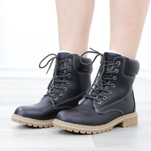 Sherpa Lined Woman's Faux Leather Lug-Sole Combat Ankle Boots - Picture 6 of 13